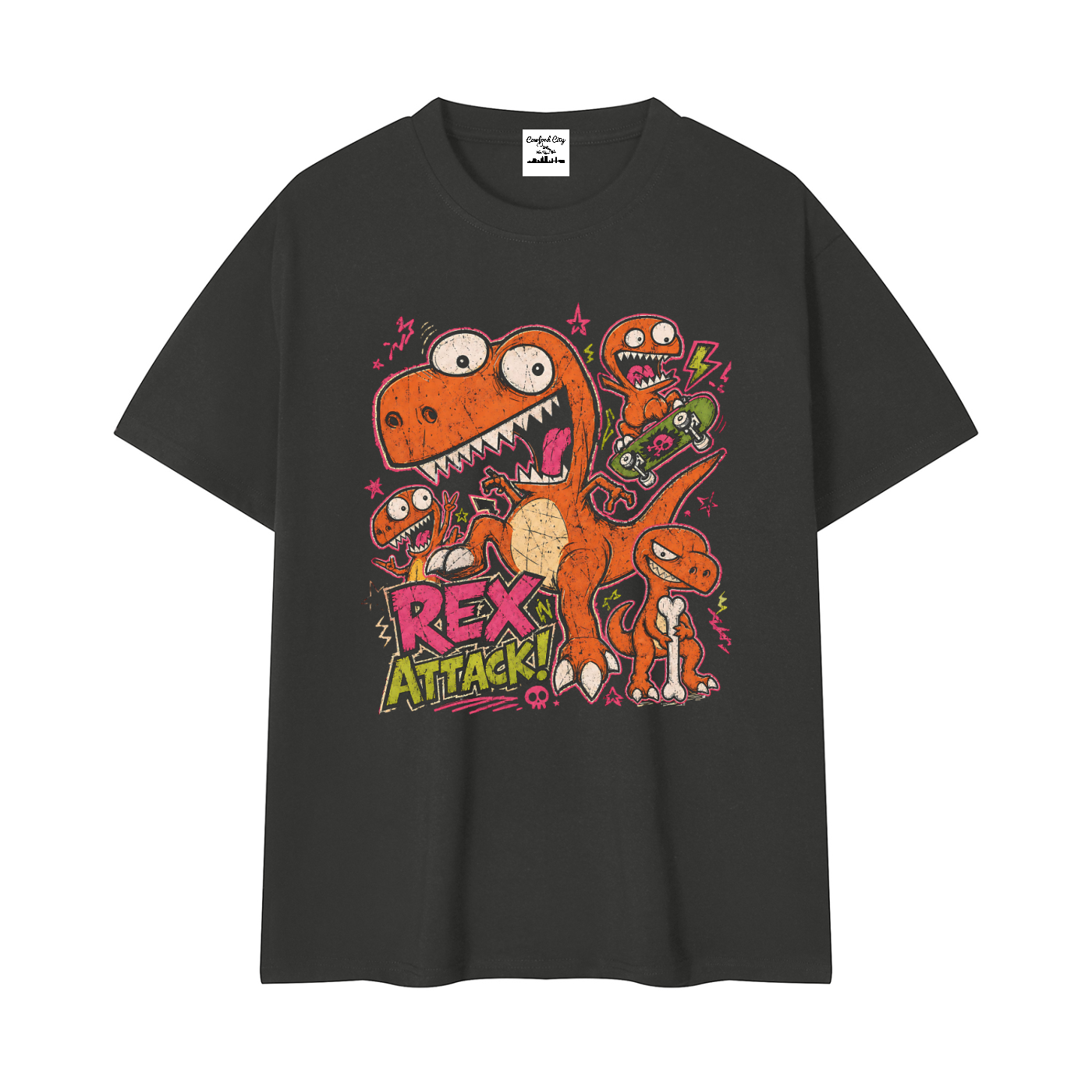 Rex Attack! Skater Dinosaur Boxy Graphic Tee – Oversized Heavyweight Cotton T-Shirt