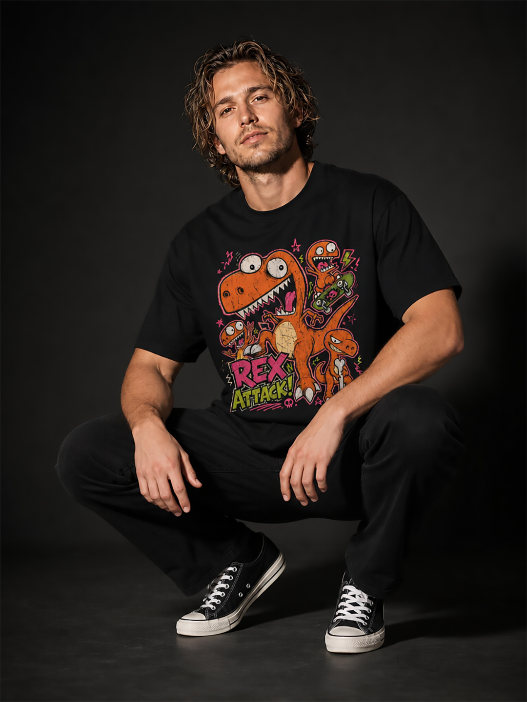 Rex Attack! Skater Dinosaur Boxy Graphic Tee – Oversized Heavyweight Cotton T-Shirt