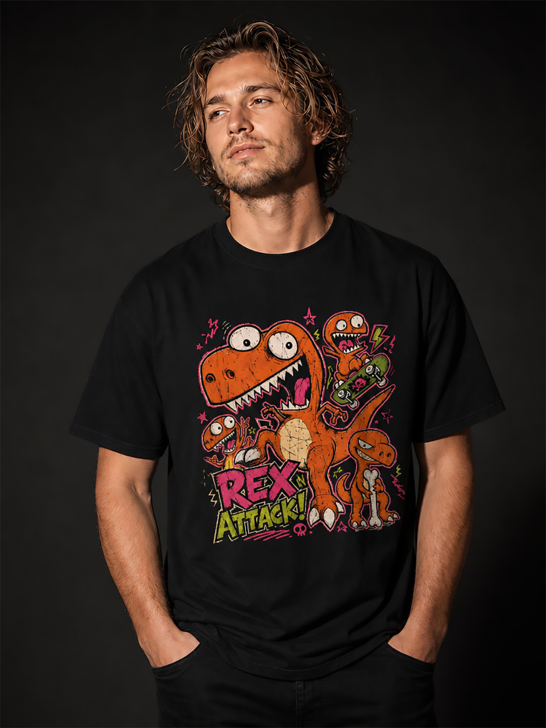 Rex Attack! Skater Dinosaur Boxy Graphic Tee – Oversized Heavyweight Cotton T-Shirt