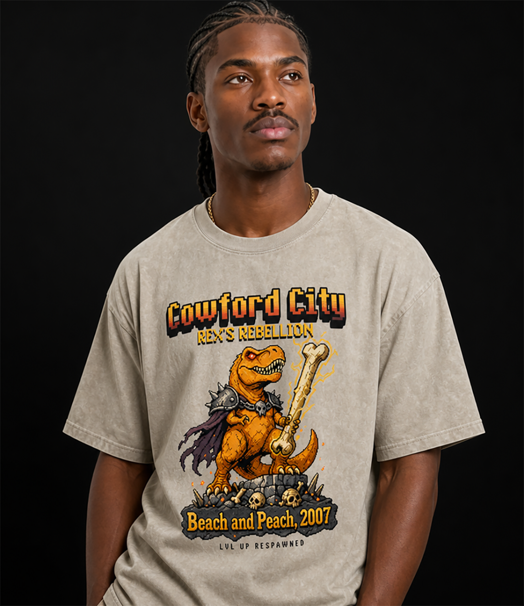 Rex's Rebellion Tee — Jacksonville Dinosaur Pixel Art Oversized Shirt