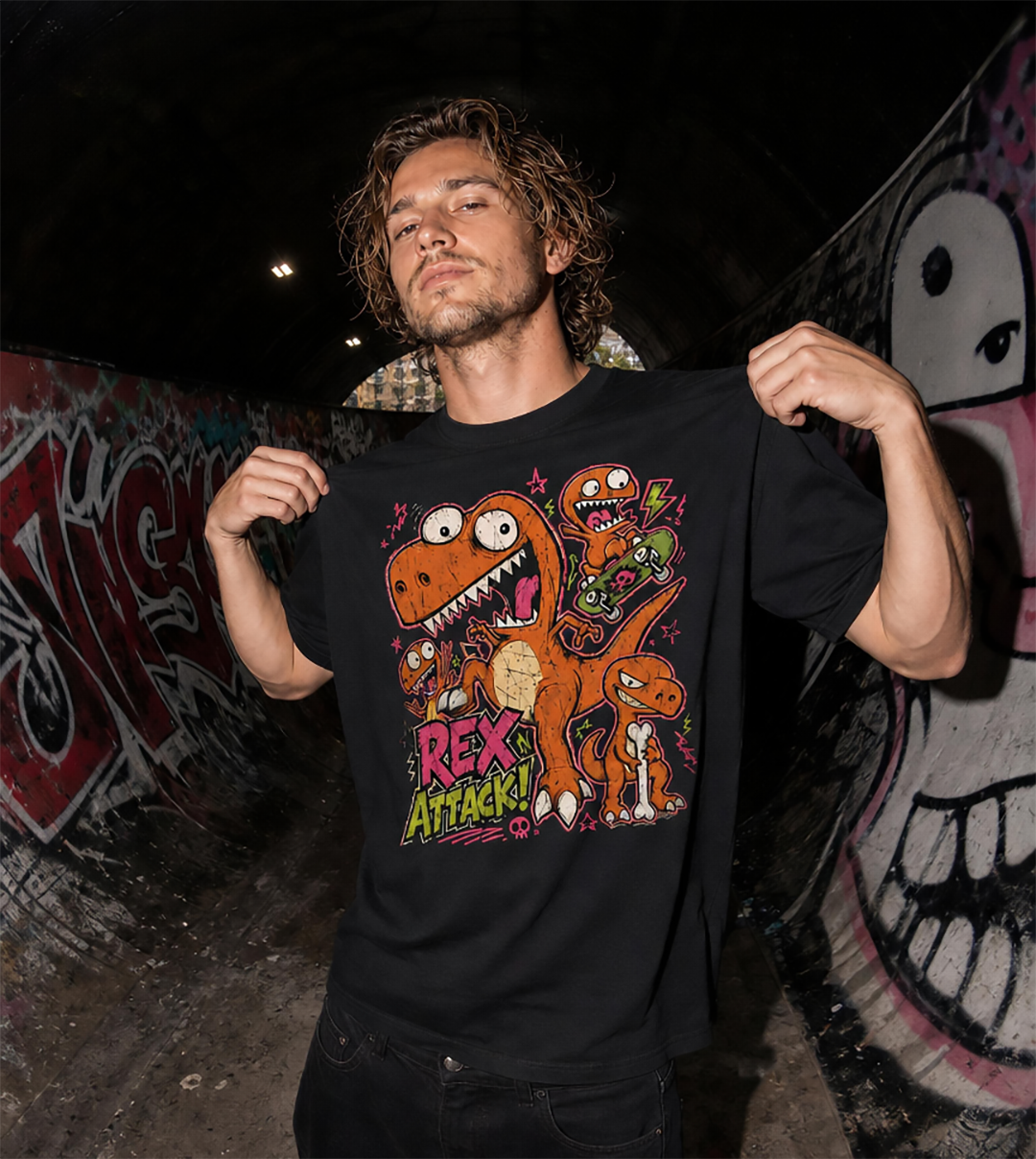 Rex Attack! Skater Dinosaur Boxy Graphic Tee – Oversized Heavyweight Cotton T-Shirt